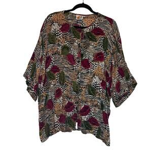 Kaktus Plus Blouse Button Front Women's 2X Short Sleeve Floral Semi Sheer